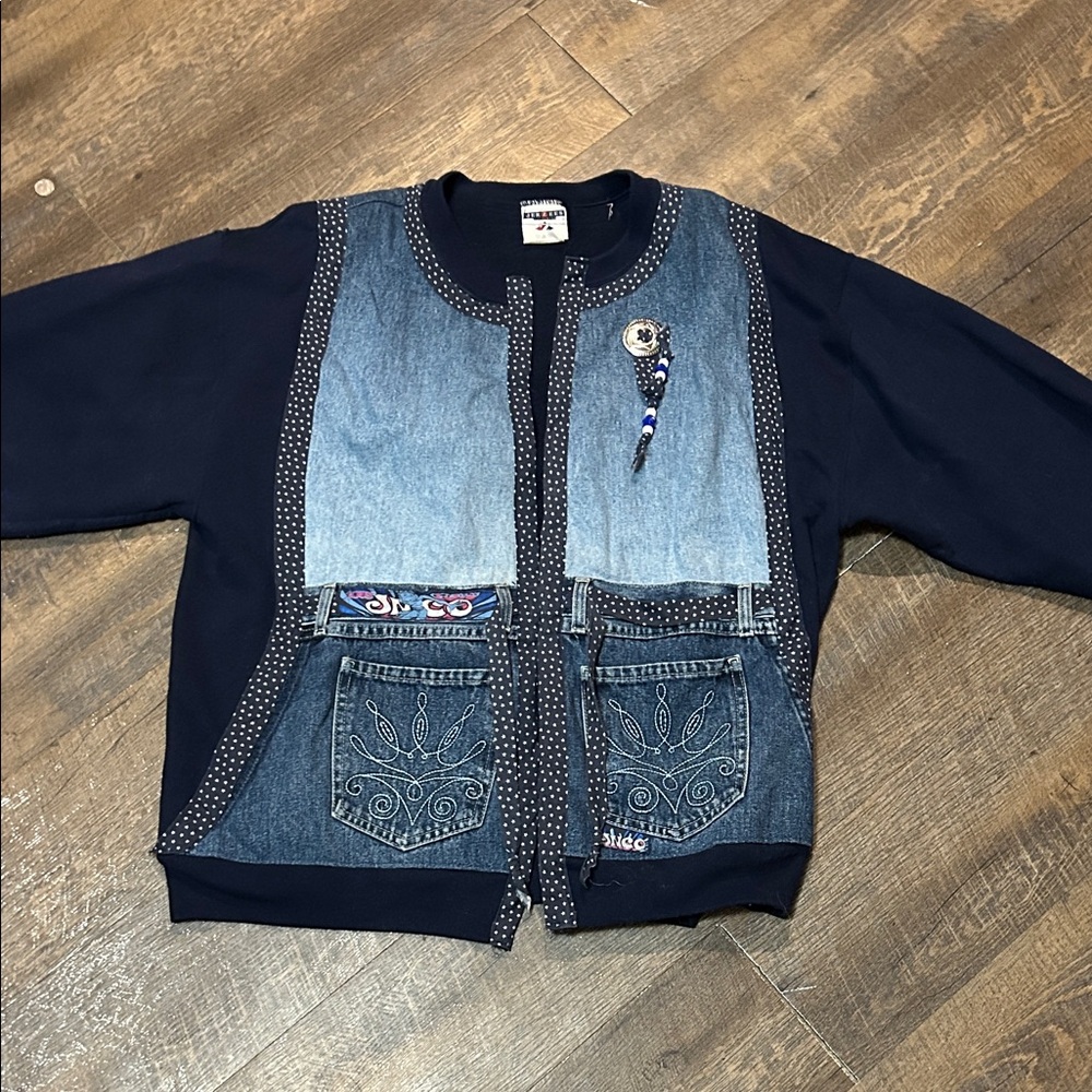 Vintage Sweatshirt Womens Large Blue‎ Jacket Up cycle Jnco Denim DIY Made In USA
